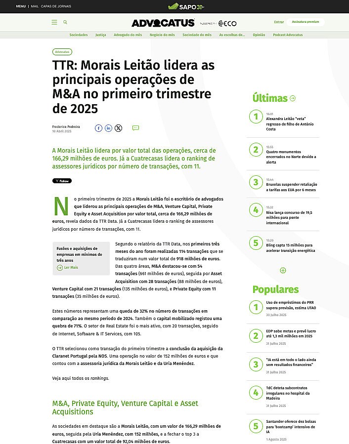 TTR: Morais Leito lidera as principais operaes de M&A no primeiro trimestre de 2025